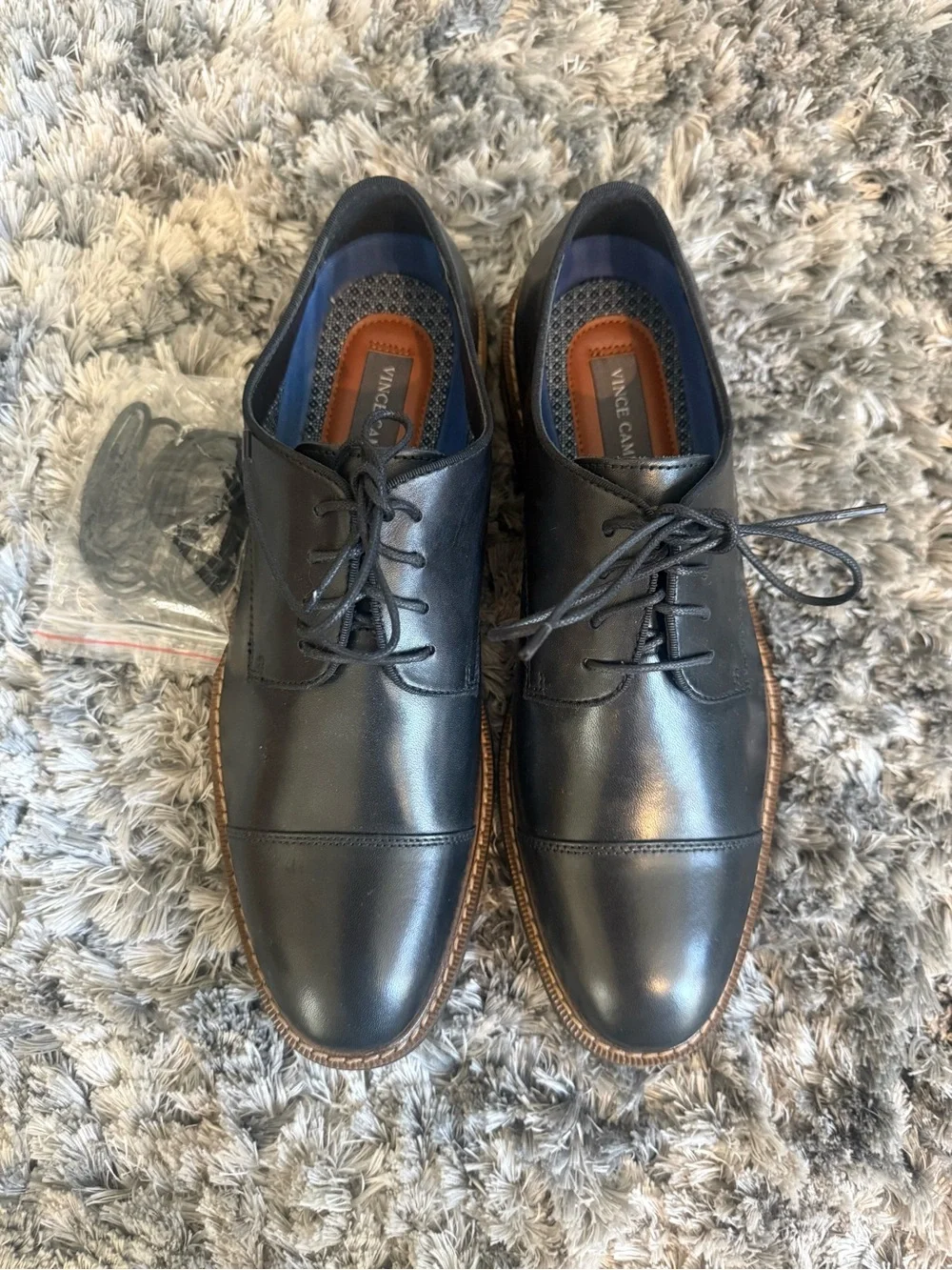 Vince Camuto Black Leather Cap-Toe Derby Shoes with Brown Welt